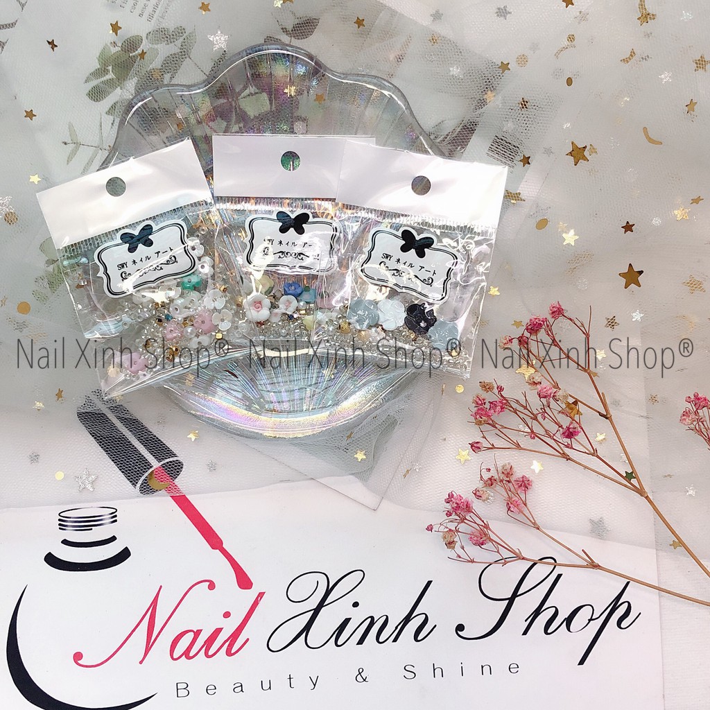 Túi mix đá nail,hoa,châu hạt,charm... phong cách Nhật, phụ kiên nail cao cấp, phụ kiện nail hot