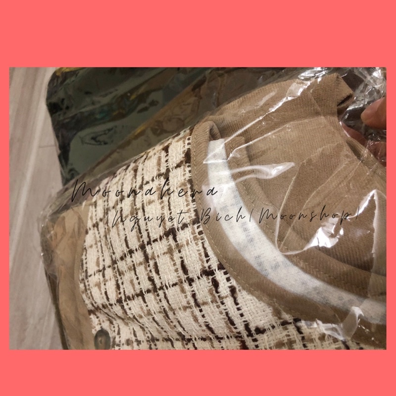 Set váy nhung tăm xoè kèm áo khoác gile dạ tweed vintage