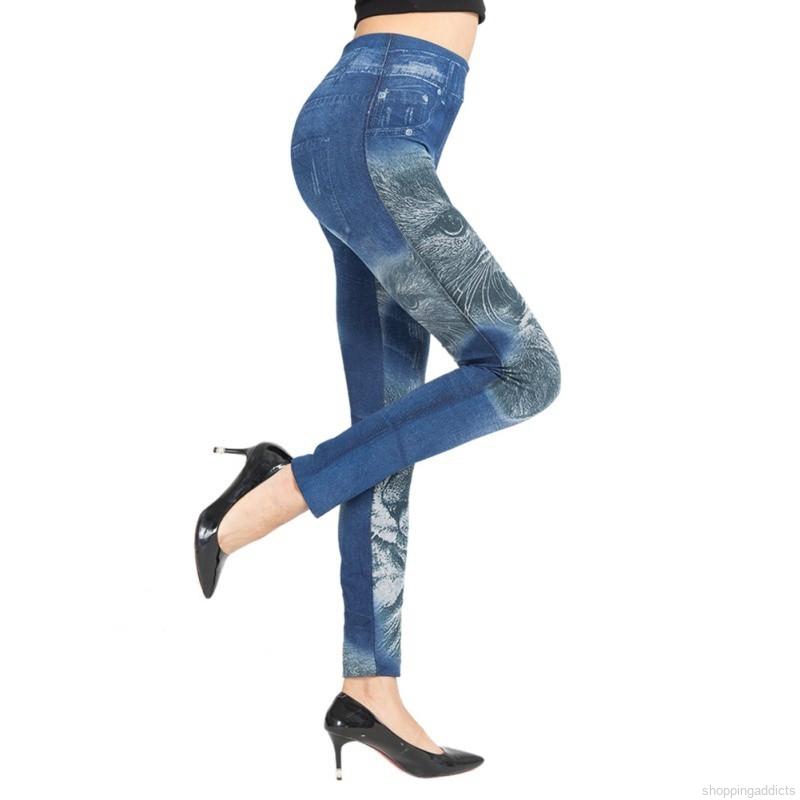 Quần legging nữ bằng vải denim có túi in ảnh chú mèo đáng yêu | BigBuy360 - bigbuy360.vn