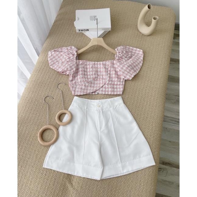 Combo ÁO CROPTOP CARO XANH CÁCH ĐIỆU + QUẦN SHORTS TRẮNG (về thêm hồng) Frozenhouse