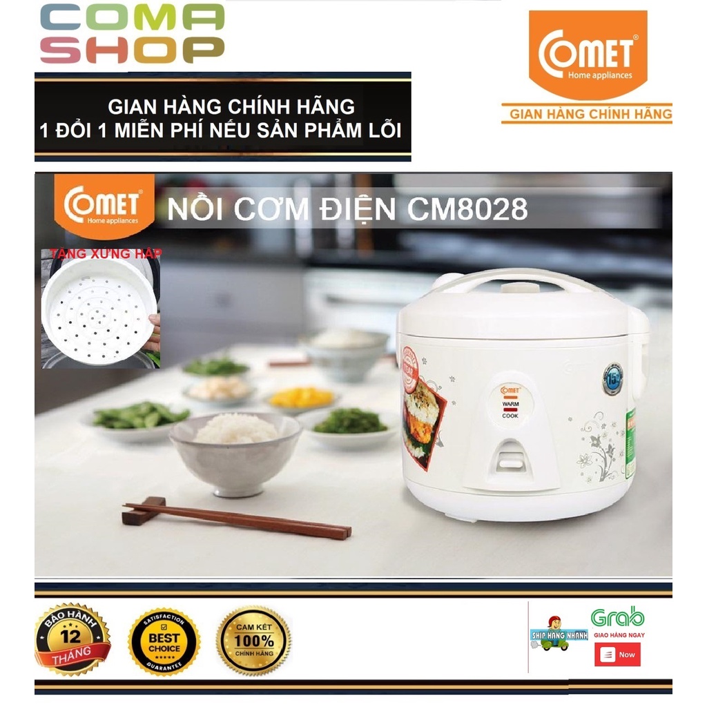 CM8028 - NỒI CƠM ĐIỆN NẮP GÀI CHỐNG DÍNH COMET 1.2L (3-4 NGƯỜI ĂN) BẢO HÀNH CHÍNH HÃNG 12 THÁNG