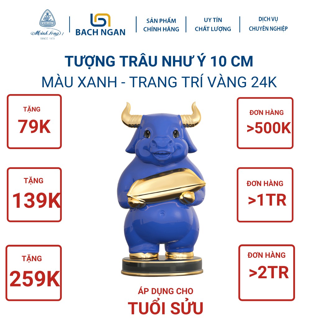 Tượng Trâu Sứ Minh Long Như Ý 10cm nhiều màu,trang trí vàng,  may mắn, tài lộc đẹp cao cấp dùng tặng quà