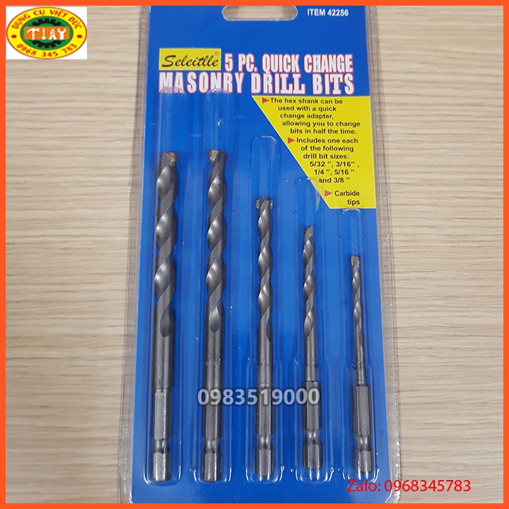 Bộ 5 mũi khoan bê tông chuôi lục giác 4 - 10mm cho khoan pin, điện