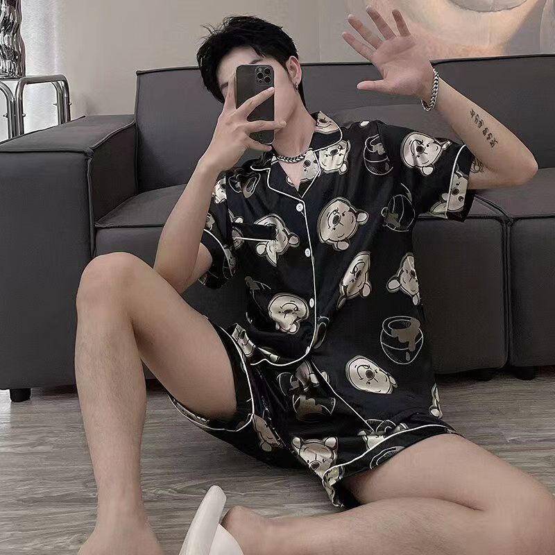 Bộ Đồ Ngủ Tay Ngắn Chất Lụa Satin Plus Size M-5XL Thời Trang Hàn Quốc Cho Nam Và Nữ
