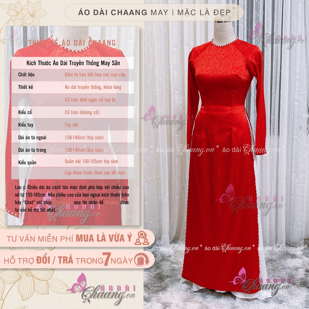 Áo dài cưới đẹp may sẵn áo dài cô dâu 4 tà cổ tròn gấm tơ hoa hồng cao cấp