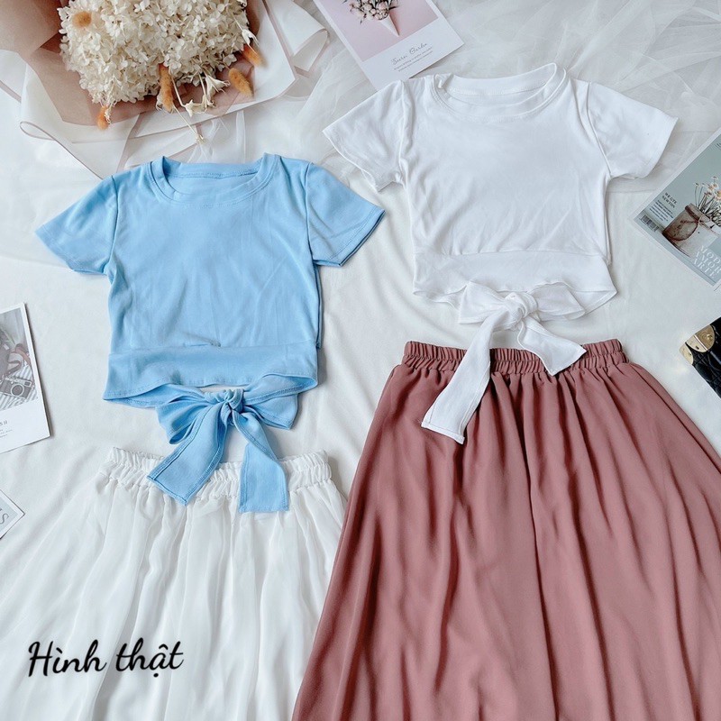 set áo thun cột nơ chân váy voan midi dễ thương