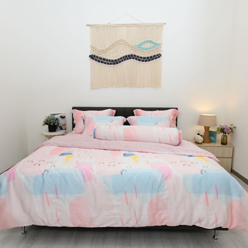 Bộ 5 món drap, áo gối NIN Tencel 800 - màu hồng Amelia dễ thương