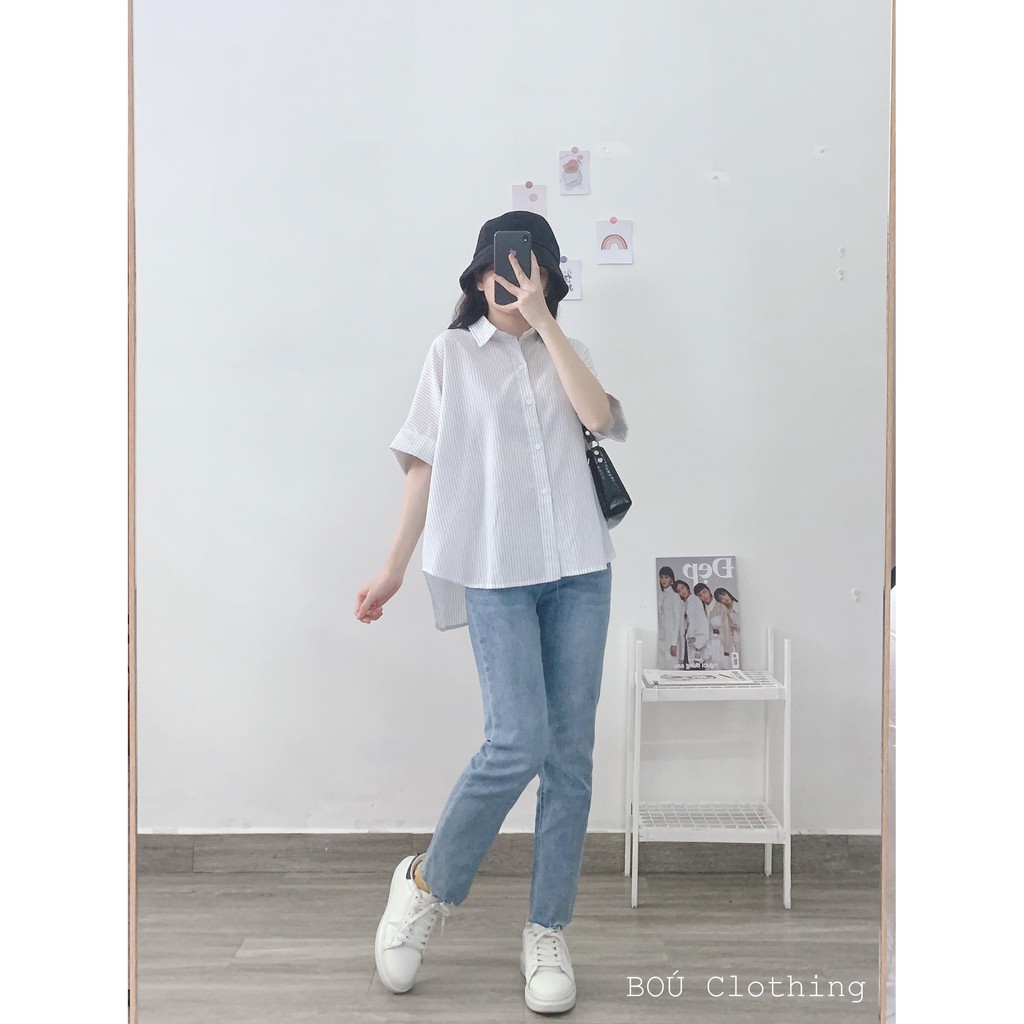 Sơmi sọc khuy lưng nữ