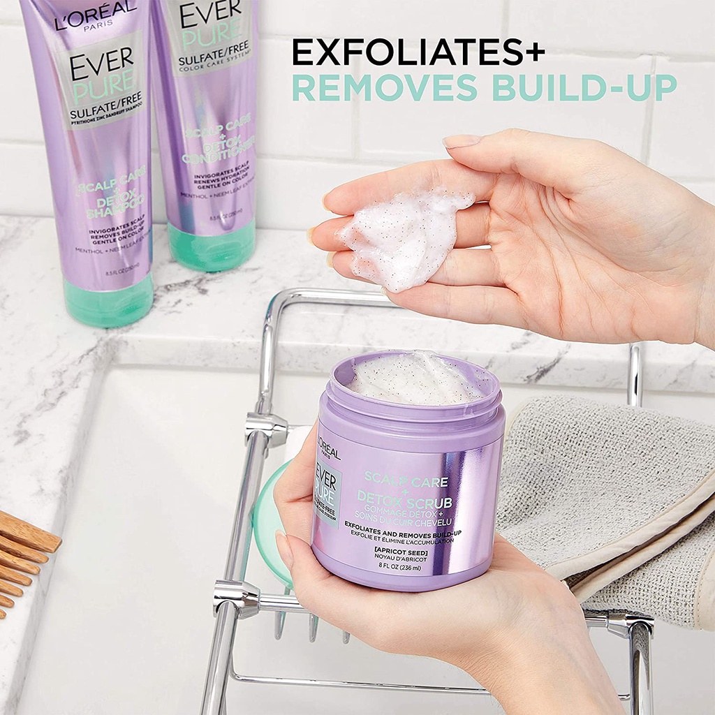Combo tẩy da chết da đầu và dầu gội thải độc L'Oreal Paris EverPure Exfoliating Scalp Care + Detox Scrub and Shampoo