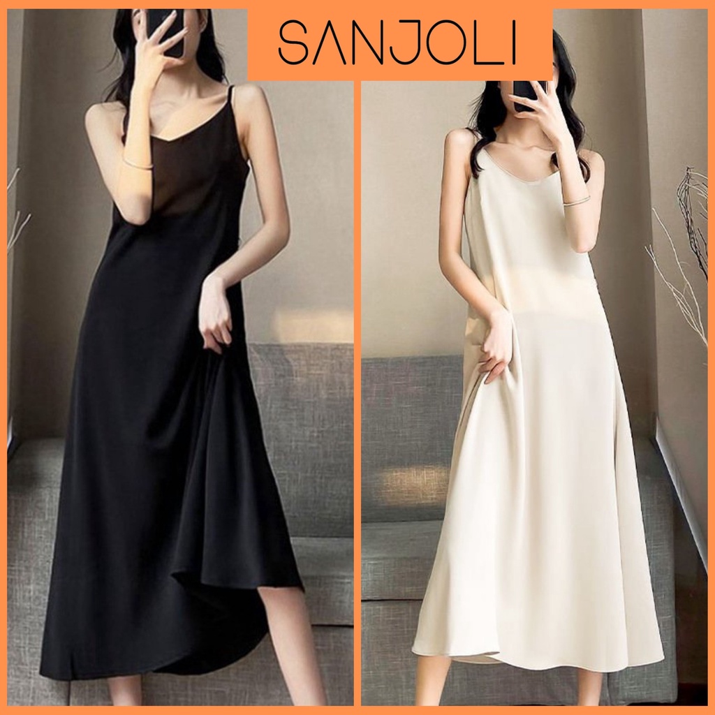 Đầm Đi Biển Maxi Suông SANJOLI Váy 2s Dây Maxi Đi Biển Dáng Dài Vải Lụa Công Sở Ngủ Trẻ Trung Màu Trắng Đen VD027 - Hàng