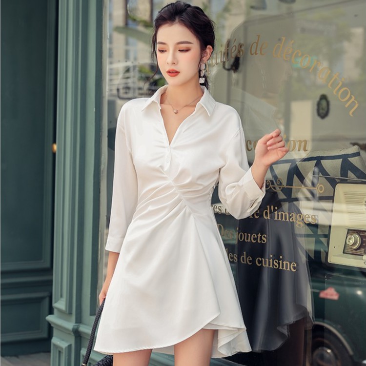 Đầm sơ mi nữ dáng a kiểu nhúng tay dài Emilyshop