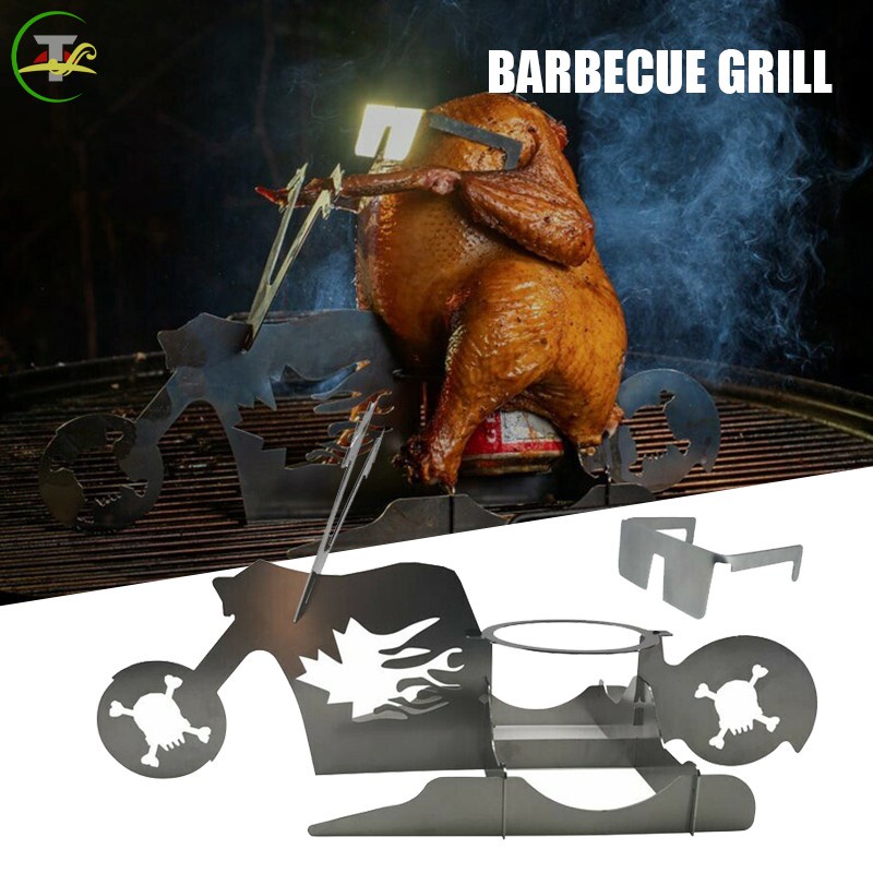 TG Portable Chicken Stand Beer American Motorcycle BBQ Stainless Steel Rack with Glasses Indoor Outdoor Use @vn