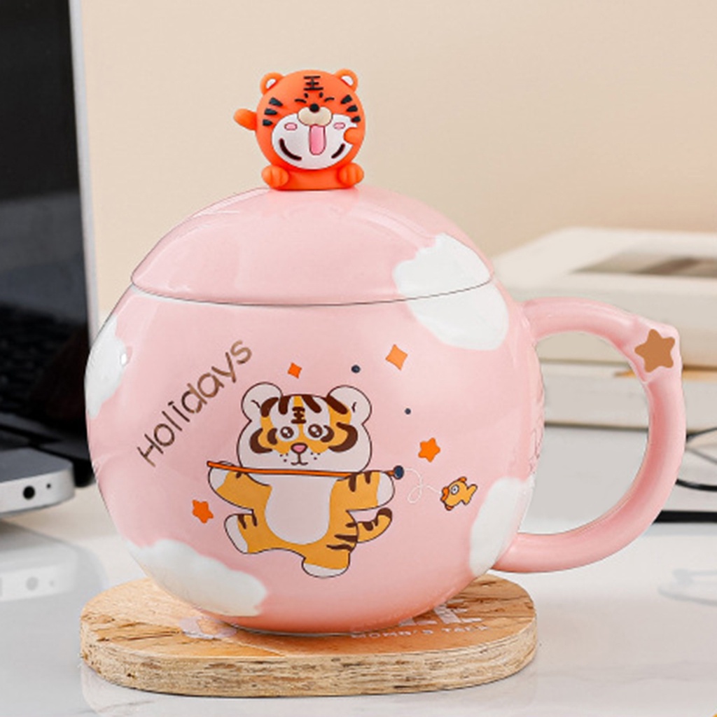[COD]Phim hoạt hình cốc dễ thương có nắp thìa ly cà phê gốm sứ dung tích lớn năm con hổ quà tặng năm mới