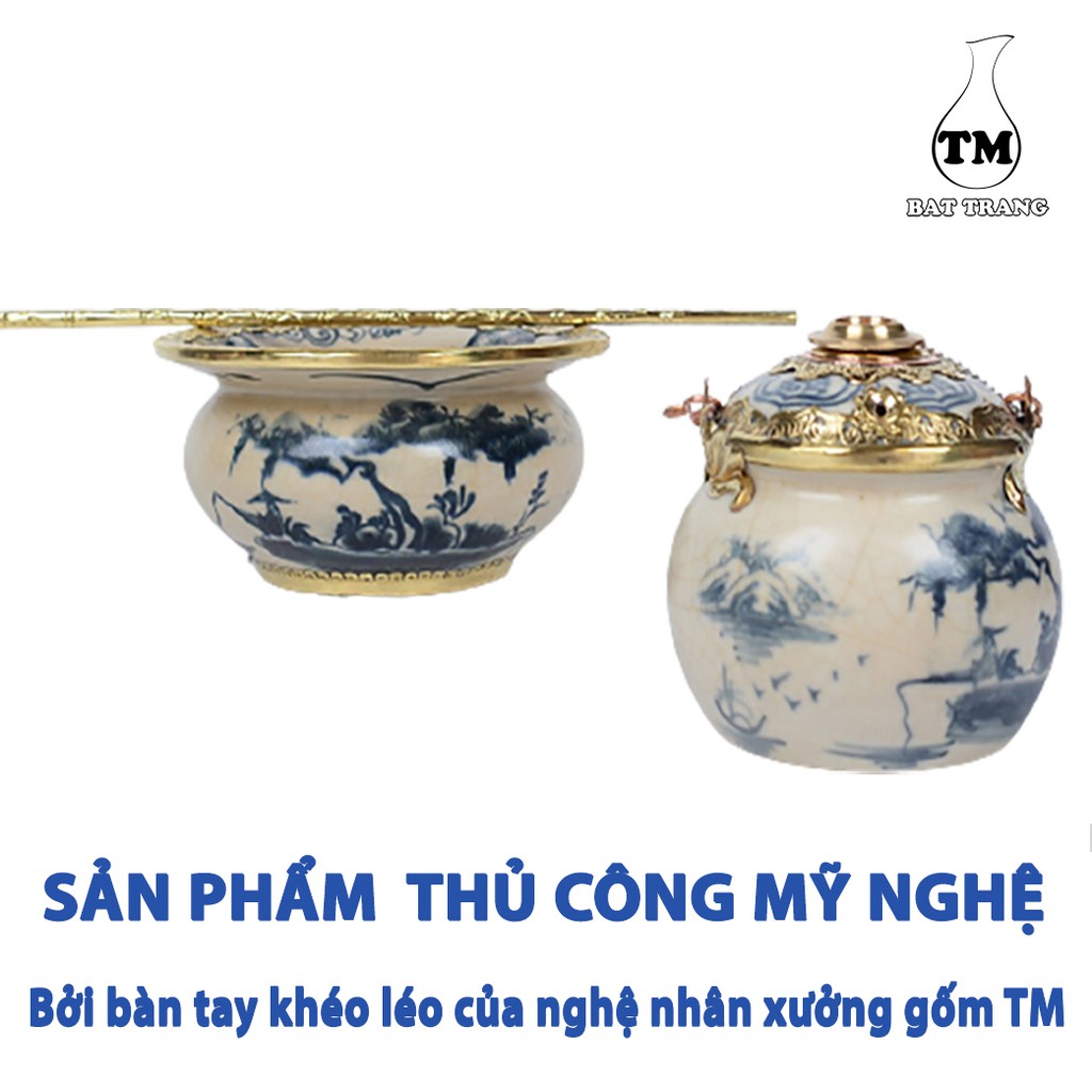 Điêu bát men rạn cổ bọc đồng vẽ phong cảnh gốm sứ Bát Tràng (dieu hut thuoc lao)