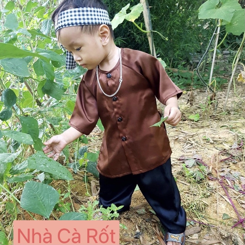 Set bà ba nâu lụa hàng may thiết kế cho bé