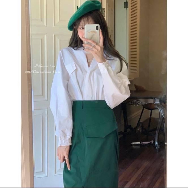 Set áo sơ mi trắng kiểu nữ tay dài phồng thiết kế kèm chân váy dài midi bút chì xanh retro - Order taobao quảng châu