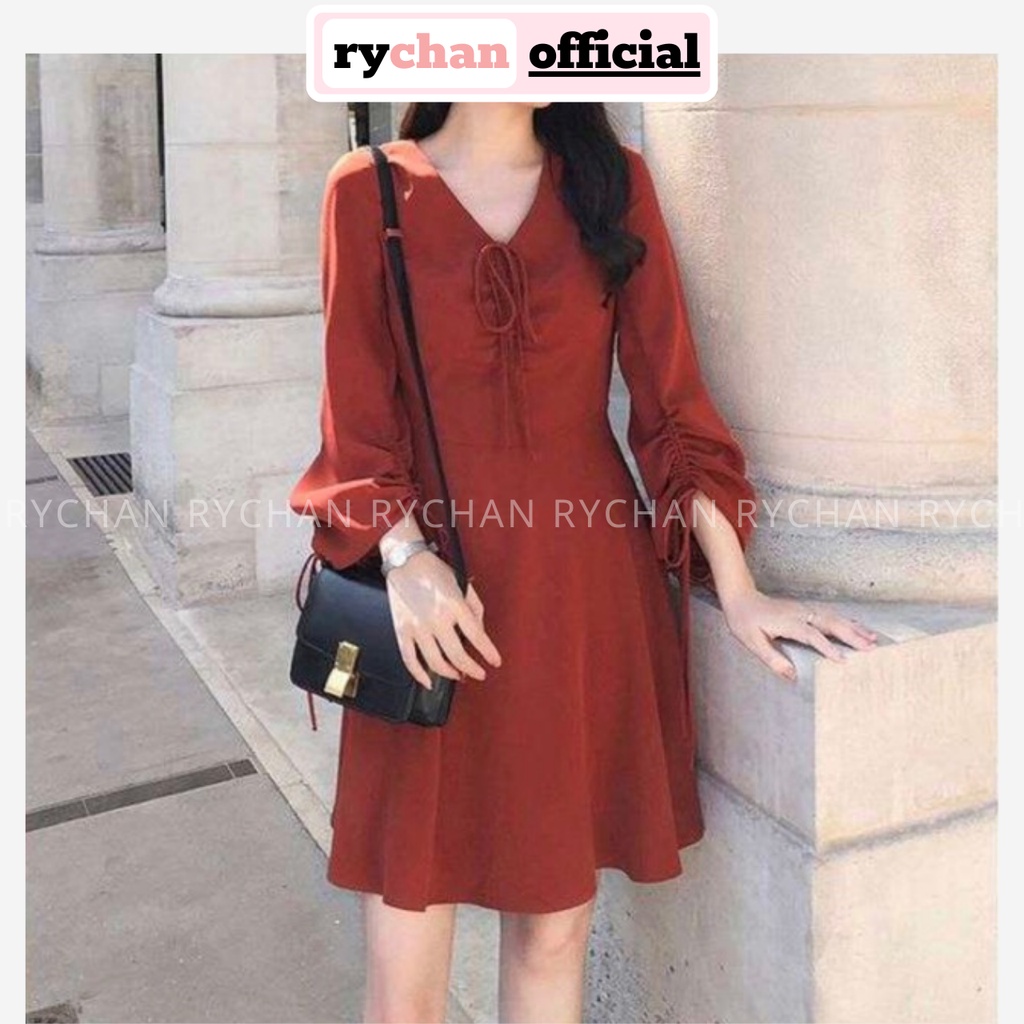 Đầm Suông Nữ Form Ngắn Cổ V Tay Dài Phồng Rút Dây Màu Đỏ Cực Trẻ Trung [ẢNH THẬT CUỐI] - DX9802