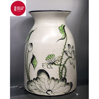 Bình Gốm Căm Hoa Hình Ống Trúc Họa Tiết Sen Xanh- Gốm Sứ Bát Tràng Dùng để Trang Trí- Biếu Tặng