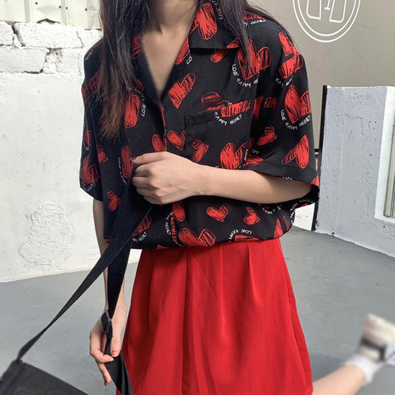 Áo Sơ Mi Voan Tay Ngắn Dáng Rộng In Hình Trái Tim Xinh Xắn Hợp Thời Trang