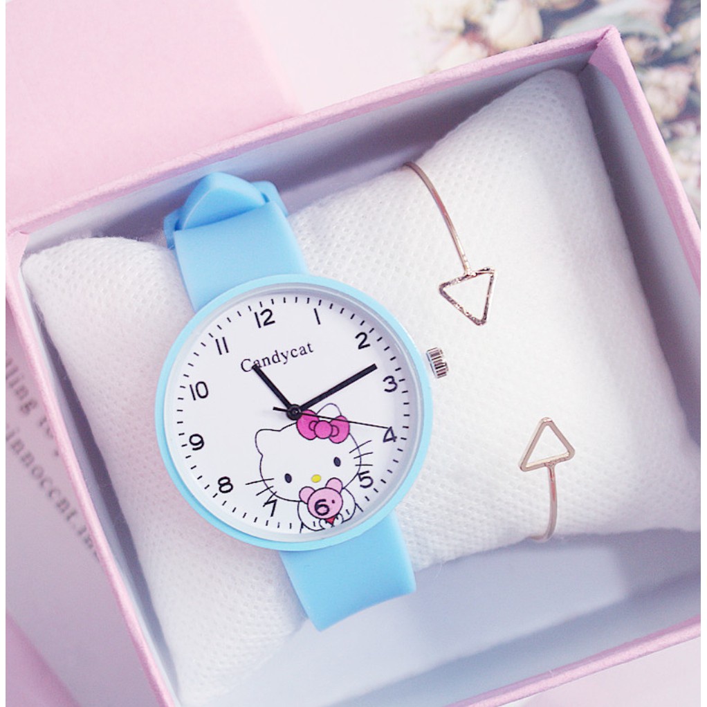 [Cực Đẹp] Đồng Hồ Nữ Dây Cao Su Candy Cat Hello Kitty Chấm Dễ Thương - Hazo