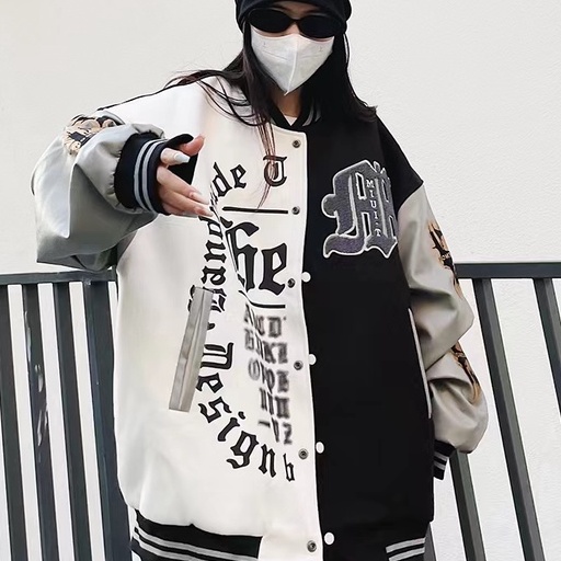 Áo Khoác Bóng Chày Dáng Rộng Có Thêu Chữ Phong Cách Châu Âu áo khoác hai màu đen trắng