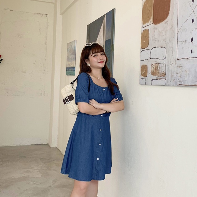 Đầm jean cổ U big size xoè 6 nút size đại 65-100kg