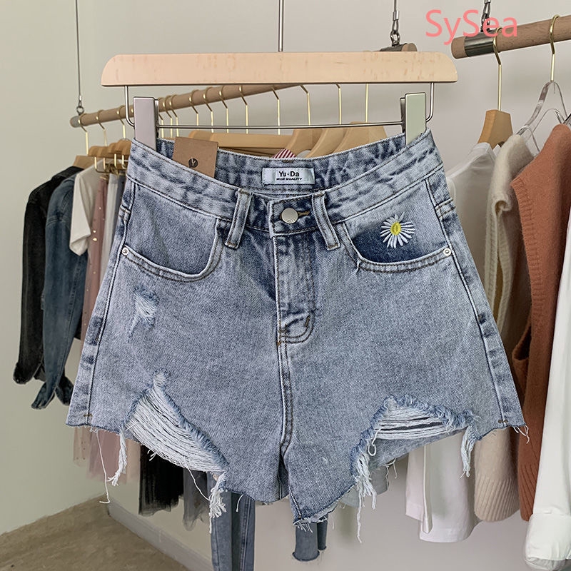 Quần Short Jeans Lưng Cao Thêu Hoa Phong Cách Hàn Quốc Thời Trang Cho Nữ