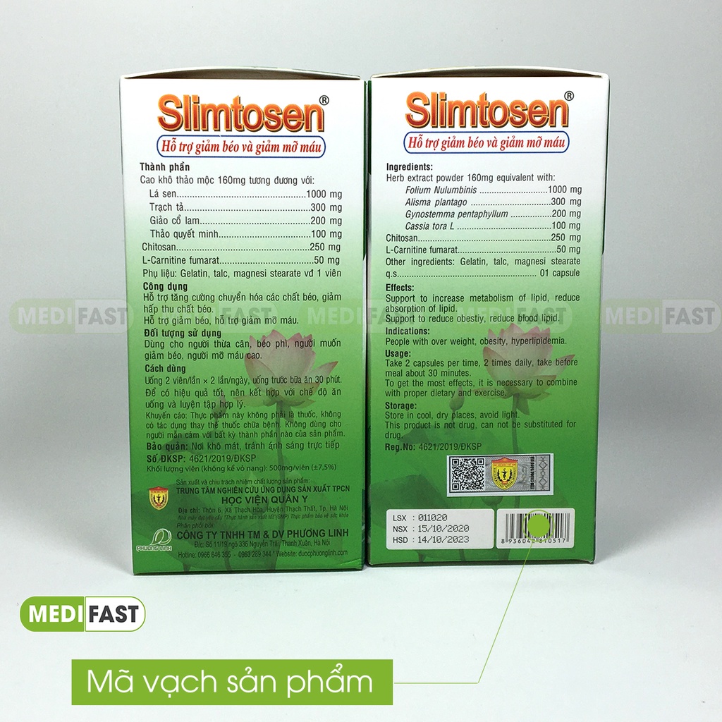 Slimtosen - Viên uống giảm cân của Học Viện Quân Y - Giảm cân hiệu quả, không lo mệt mỏi - Lọ 100 viên