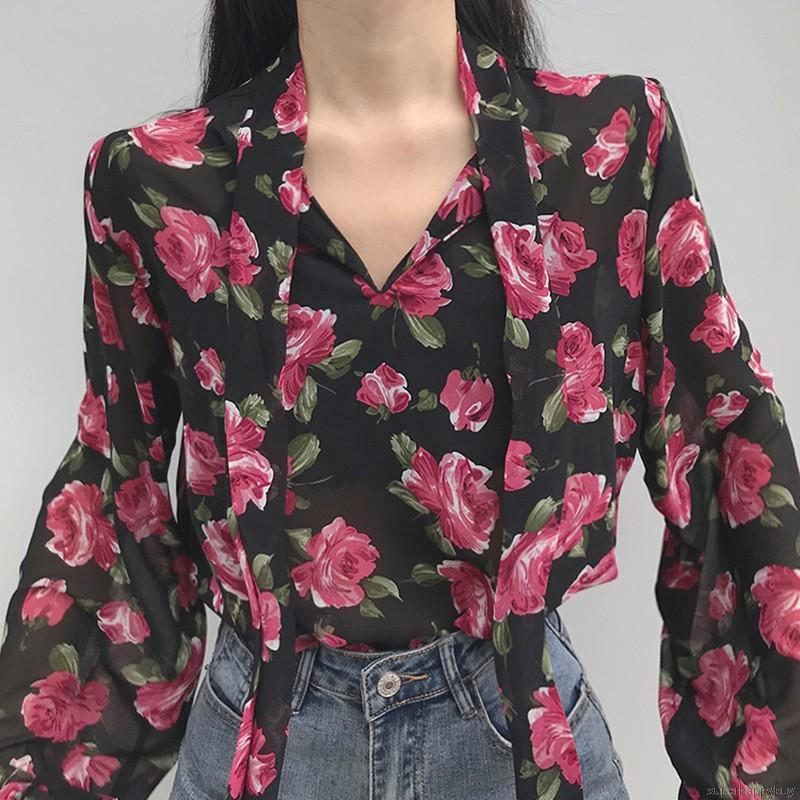 Áo kiểu cho nữ bằng vải chiffon xẻ cổ chữ V in hoa gợi cảm