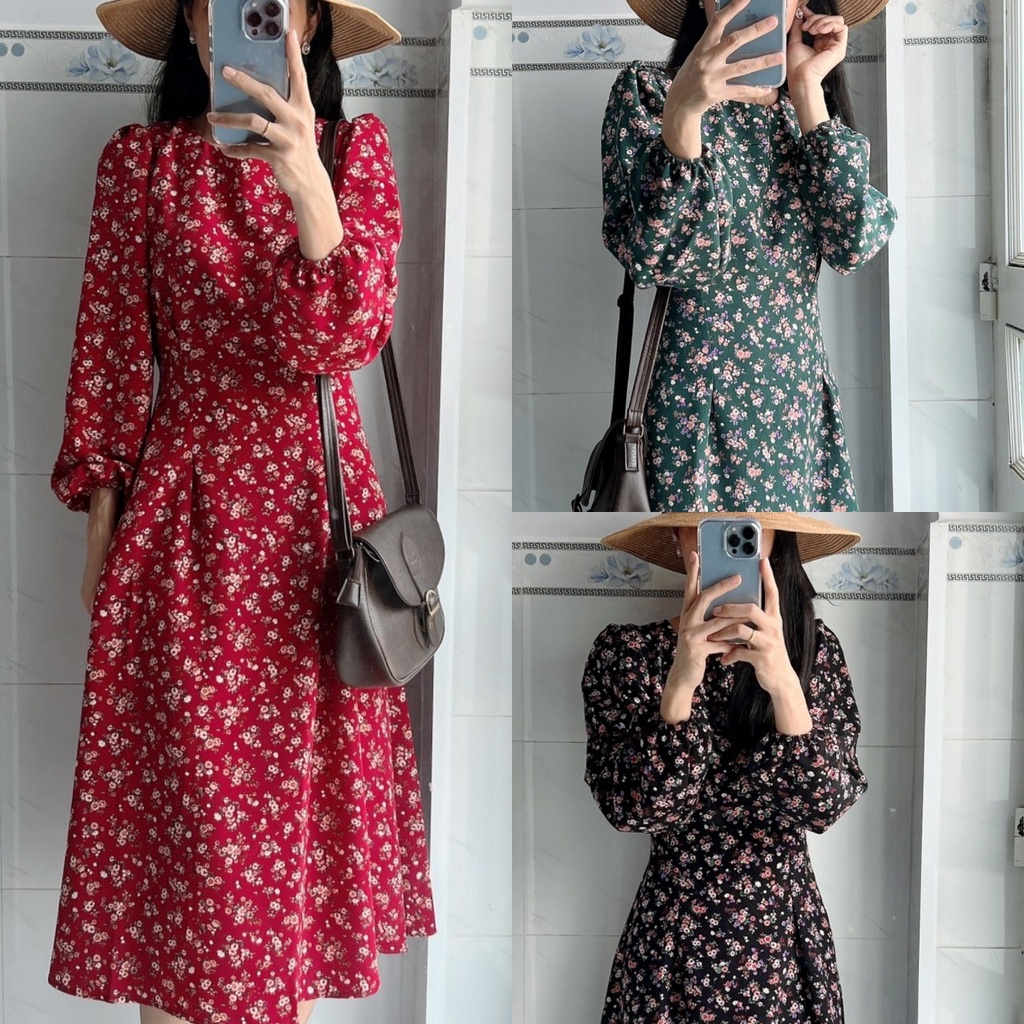 [Ảnh thật] Đầm midi hoa nhí tay dài cột nơ