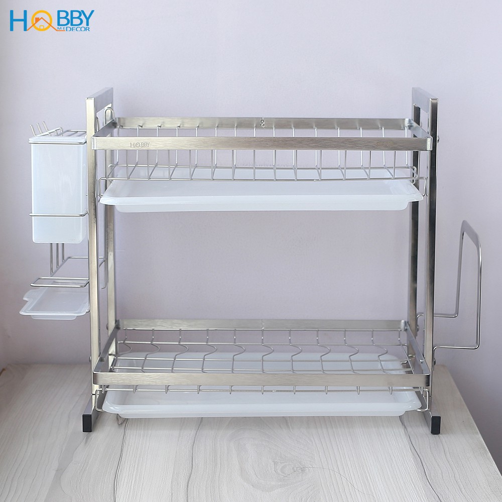 Kệ chén 2 tầng HOBBY home decor KC2T Inox 304 đa năng cao cấp - có khay hứng nước, ống đũa, giá treo thớt