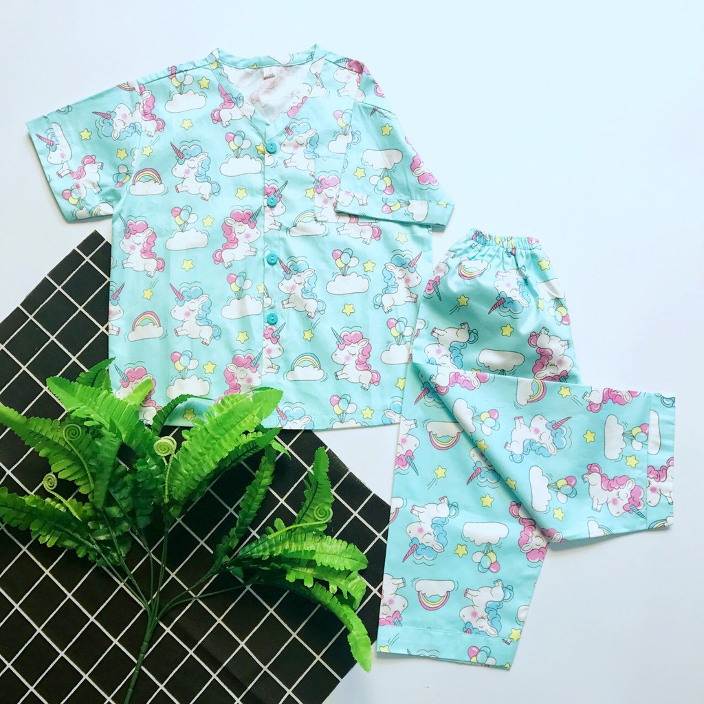 Pijama tay ngắn cho bé 100% cotton mềm mịn hút mồ hôi - Kỳ lân xanh 10-20kg