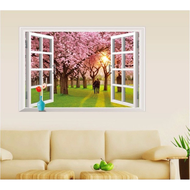 Decal trang trí khung cửa sổ 3D cảnh đôi tình nhân ở vườn Hoa Đào