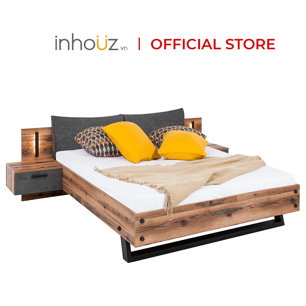 Giường ngủ gỗ hiện đại có đèn và tủ đầu giường đi kèm - Dalwood bed frame - INHOUZ - HOGG0003