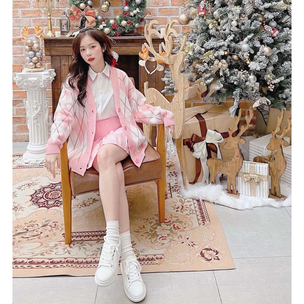[ Ảnh thật] Áo cardigan A20 dáng rộng chùm mông họa tiết hình thoi, áo khoác len phù hợp mùa thu đông.