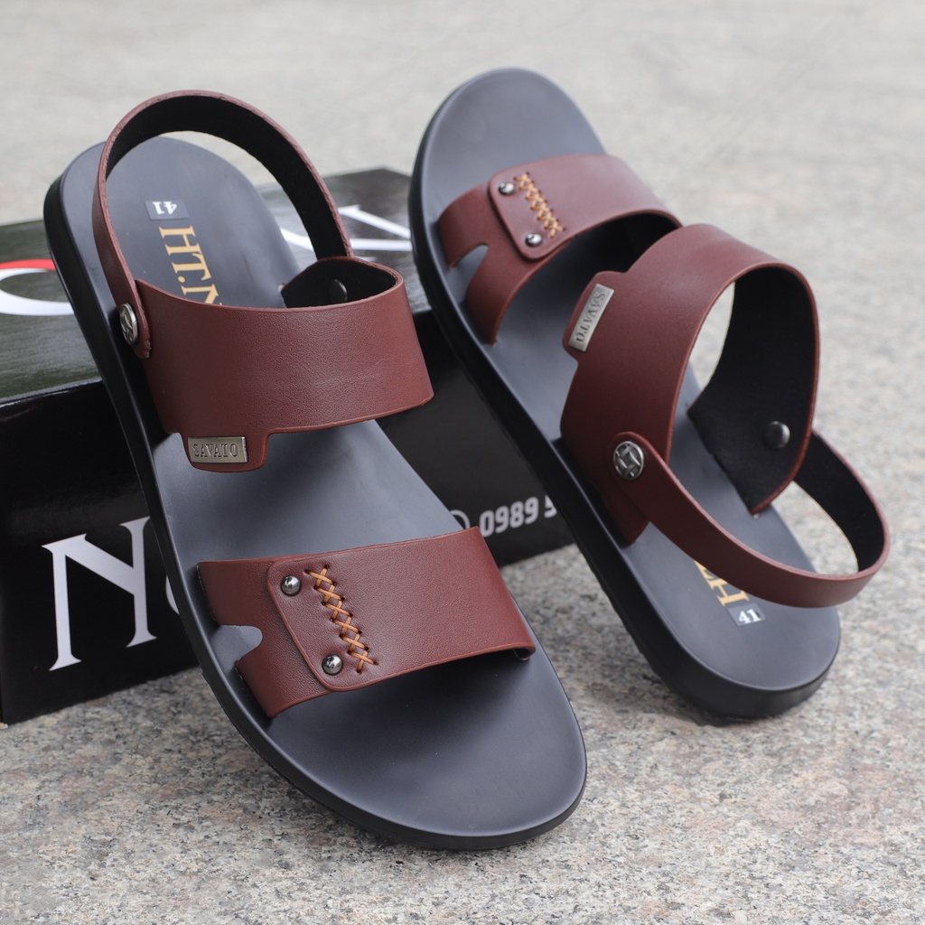 Sandal nam da bò màu nâu, đế cao su - HT.NeO