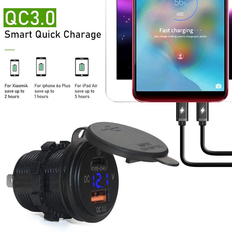 Ổ cắm sạc nhanh USB 3.0 loại C PD 48W 18W cho xe hơi / tàu thuyền / xe máy