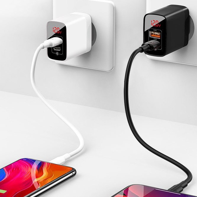 Củ sạc nhanh 18w 2 cổng usb/ usb C - Pd cùng lúc kèm đồng hồ đo dòng điện thông minh an toàn cho điện thoại - Baseus
