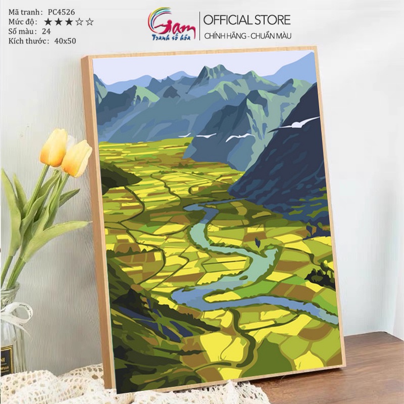 Tranh tô màu theo số phong cảnh cánh đồng lúa chín GAM mới nâng cấp lọ màu to 5ml kèm 2 bộ cọ PC4526