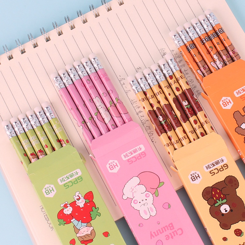 Hộp bút chì gỗ HB vẽ cute dễ thương 4 bút có tẩy hình đáng yêu cho bé học sinh