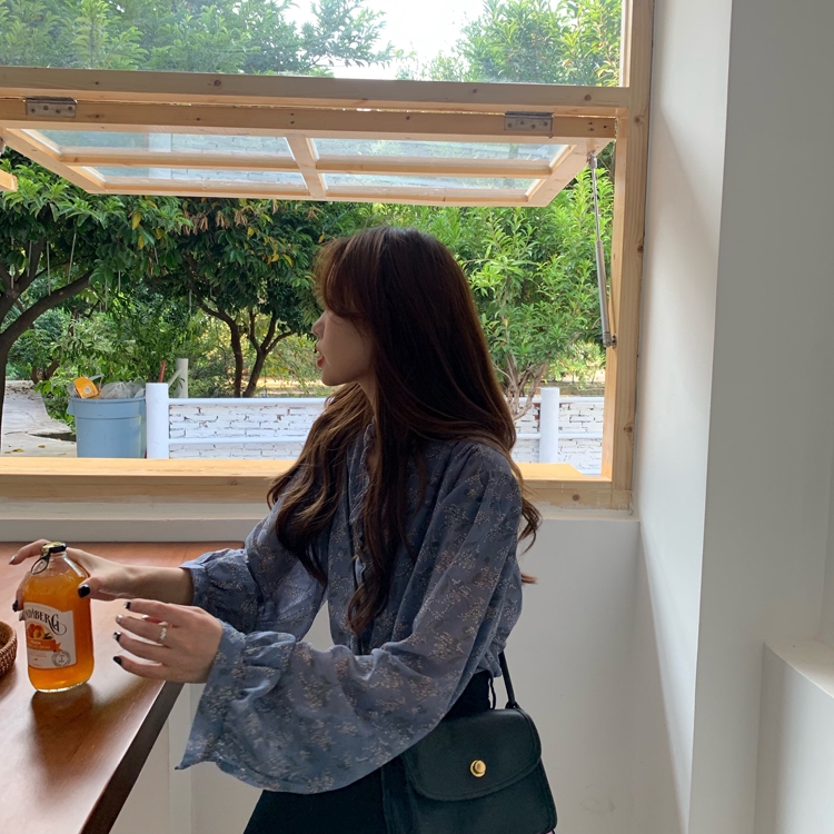 Áo sơ mi SUXI tay dài cổ chữ V dáng rộng in họa tiết hoa thời trang mùa hè Hàn Quốc