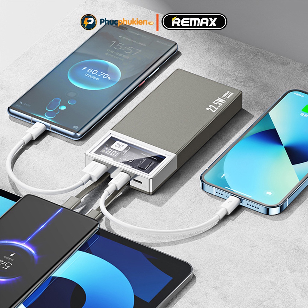 Sạc dự phòng 20000mah Remax RPP 189 sạc nhanh 20w và tích hợp 2 dây sạc Phúc Phụ Kiện Bảo hành 12 tháng 1 đổi 1