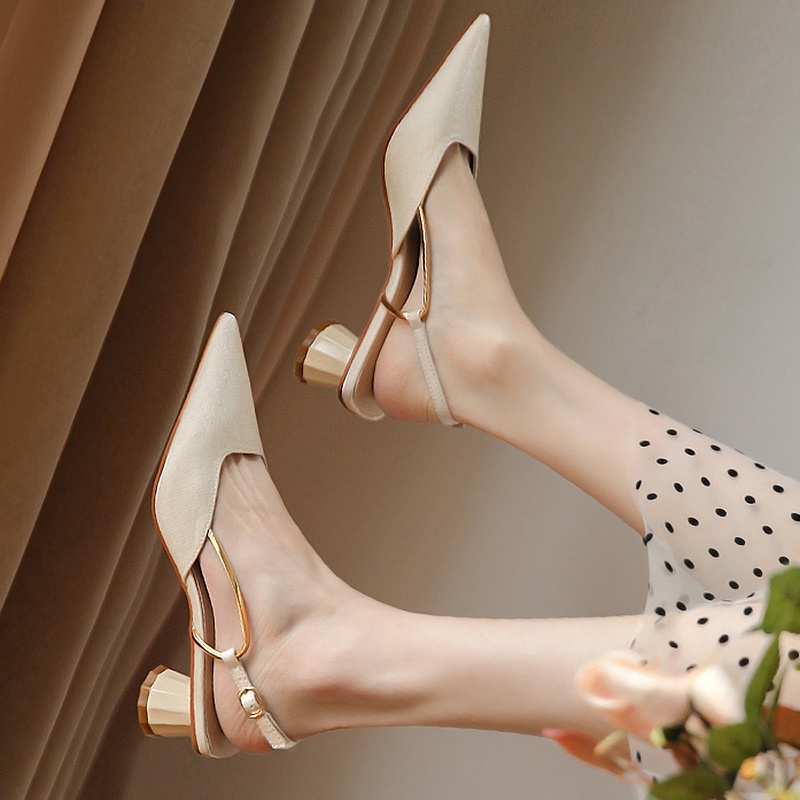 Giày sục mule satin xăng đan cao gót mũi nhọn đế dày hở gót vintage công sở 2022