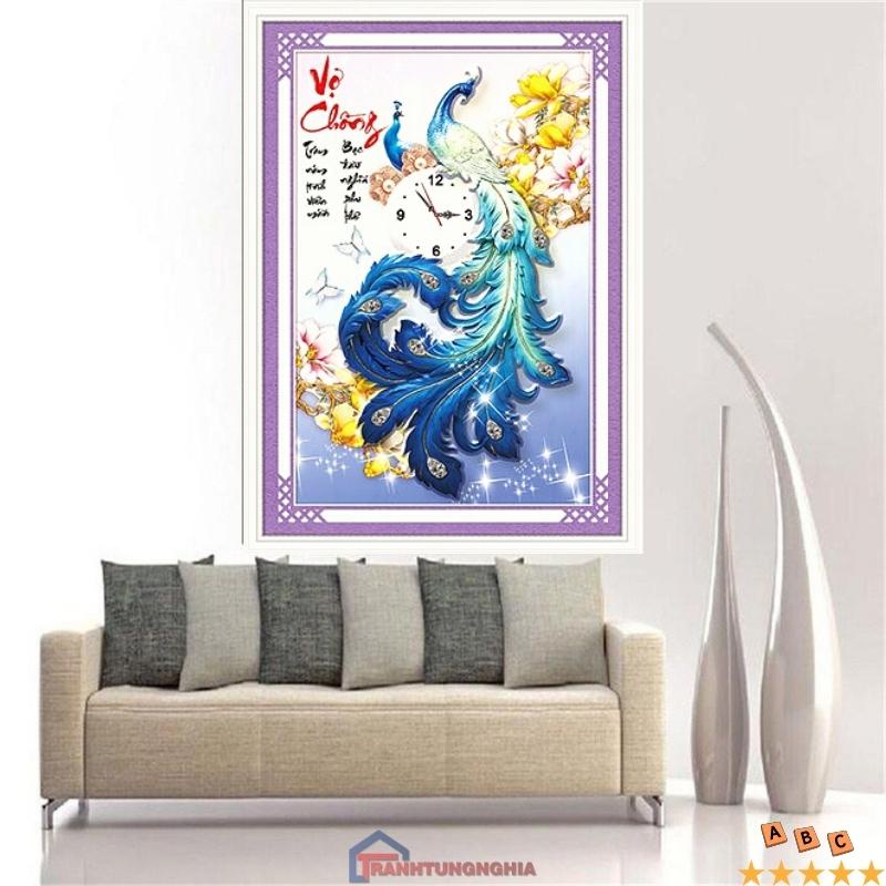 Tranh thêu chữ thập đồng hồ vợ chồng công 37cm x 51cm