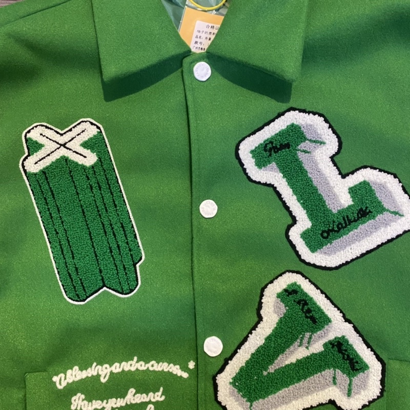 Áo khoác bóng chày LV xanh - Bomber varsity dạ phối tay da trần bông
