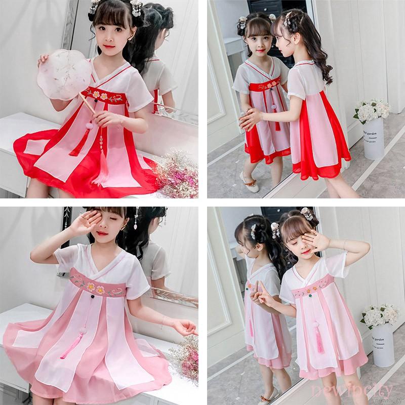 Đầm tay ngắn hoạ tiết hoa thêu phong cách Trung Quốc cho bé gái