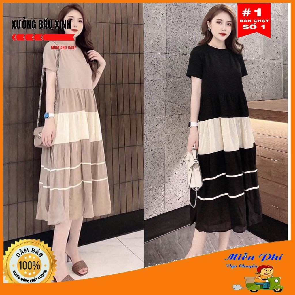 Váy bầu thời trang thiết kế M115 chất cotton pha Đũi freesize từ 45 đến 70kg