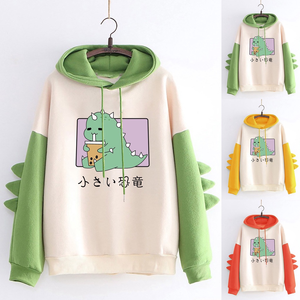 Áo hoodie nữ dây rút tay dài in hình khủng long hoạt hình nhiều màu sắc dễ thương | BigBuy360 - bigbuy360.vn