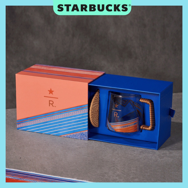 Bộ quà tặng ly thủy tinh Starbucks thổ cẩm kèm đế lót băfng cói dung tích 473ml