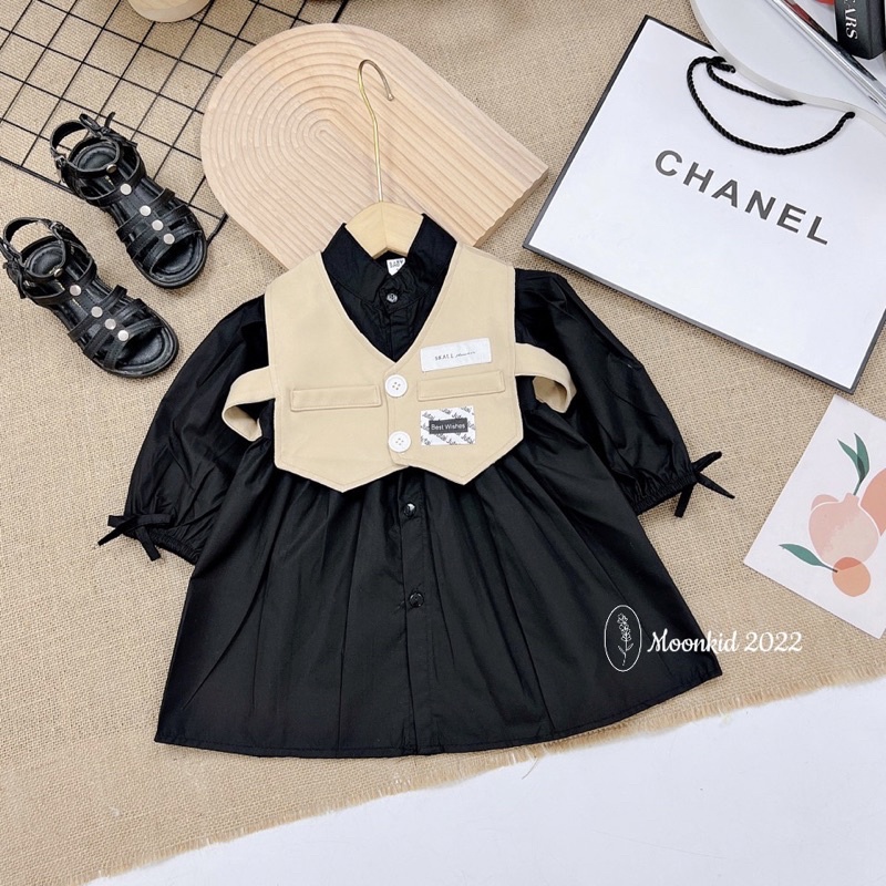 Váy bé gái Babydoll kèm Gile đeo vai xinh xắn Đầm dài tay cho bé 1 2 3 4 5 6 7 8 tuổi